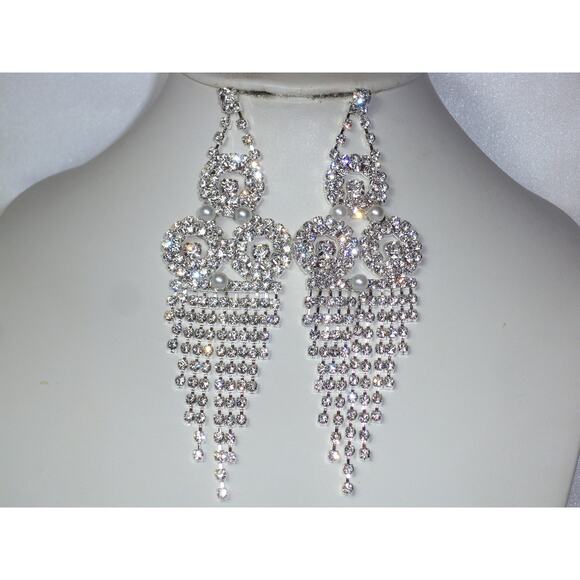 Rhinestone long dangle drop earrings rhinestone bridal evening party earrings - Picture 5 of 5